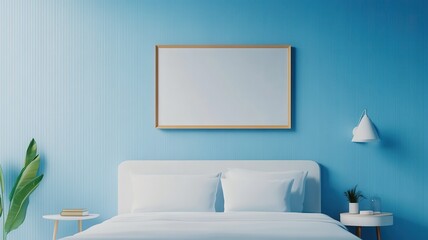 Frameless picture hangs elegantly over a sofa in a serene blue room, creating a calming atmosphere.