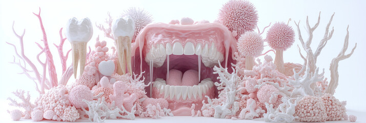 An elegant digital artwork depicting the oral microbiome, featuring various bacteria types surrounding teeth and gums in a harmonious composition,