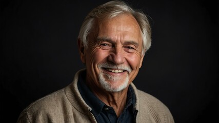 Obraz premium elderly caucasian male in casual wear on black background model portrait smiling for ad concept space for text