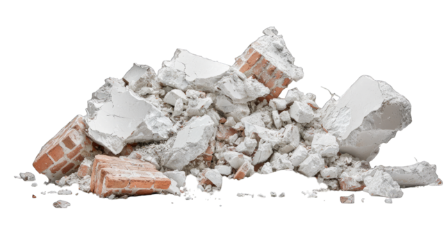 Pile of demolition debris with brick and plaster on black background, for construction or disaster cleanup