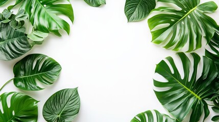 Fototapeta premium A light-filled office setup featuring white walls, light wood furniture, and green plants.