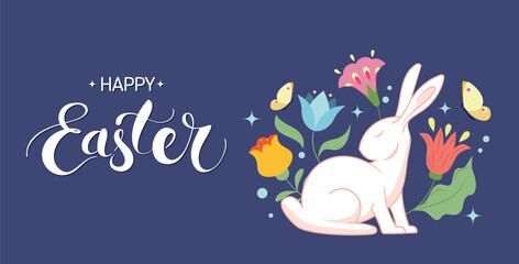 Happy Easter Banner, with cute white bunnies and floral elements. Trendy Poster, Greeting Card with traditional festive elements. Easter Holiday Card Vector Illustration