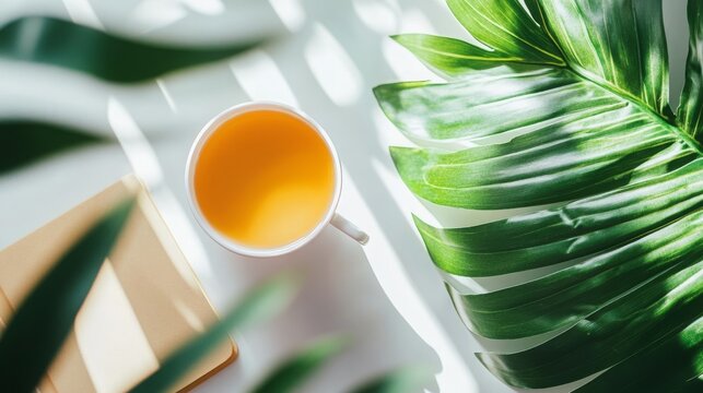 A light-filled office setup featuring white walls, light wood furniture, and green plants. A desk with notepad, and a cup of tea creates a calm, cheerful, and welcoming work environment.