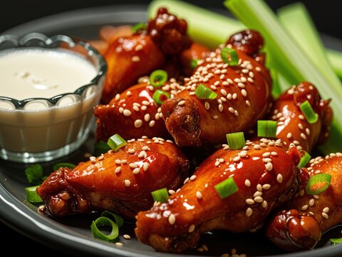 A plate of glazed chicken wings coated in a sweet and spicy sauce, garnished with sesame seeds and chopped green onions. A small bowl of ranch dipping sauce and celery sticks accompany the dish.