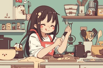 Girl happily bakes cookies in a messy kitchen