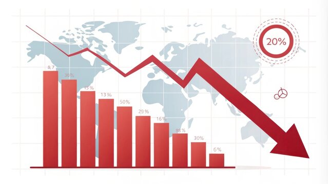 A downward trend in data is illustrated with a red graph over a world map, depicting a 20% decrease. - Powered by Adobe