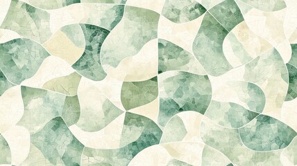 Mosaic tiles  Japanese washi concept. A textured abstract pattern featuring overlapping shapes in shades of green and cream, creating a harmonious design.