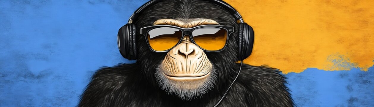 Cool Chimp in Headphones Digital Painting, Blue and Gold Background, Music Concept, Monkey Art. Chimpanzee, MusicLover