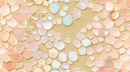 Mosaic tiles  Japanese washi concept. A textured pattern of soft pastel-colored hexagons on a golden background, creating a visually appealing and modern design.