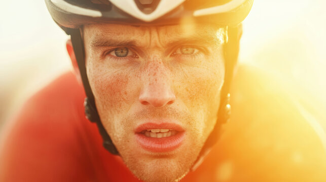 Determined caucasian young man cyclist with intense focus during sunset, focusing on competitive and challenging ride