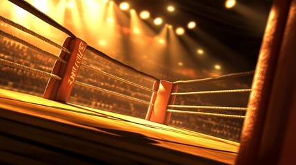 Obraz premium Golden Hour Boxing Ring Low Angle, Dramatic Lighting, Championship Concept, Boxing Arena Boxing, Fight Night