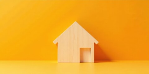 A Simple Wooden House Model on a Vibrant Yellow Background, Representing Homeownership, Real Estate, and New Beginnings