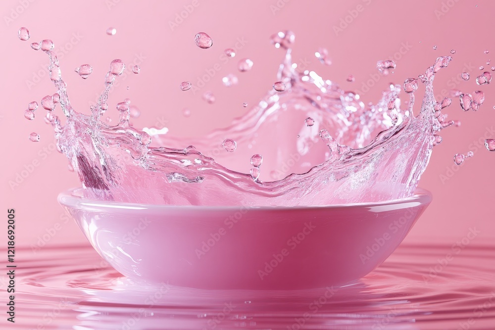 Poster water splashes from a pink bowl creating a vibrant display against a soft background