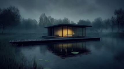 Obraz premium Modern Glass House on a Misty Lake at Night