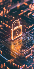 Digital padlock on circuit board symbolizing cybersecurity and data protection technology