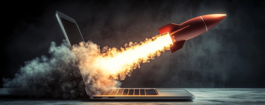 Laptop Rocket Launch Digital Art, Dark Background, Innovation Concept, 3D Render, Smoke, Fire Digital art, 3D rendering