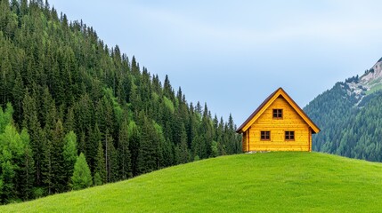 Secluded Wooden Cabin On Verdant Hillside, Surrounded By Lush Forest