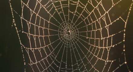 Obraz premium Dew-Covered Spider Web Glistening in Sunlight