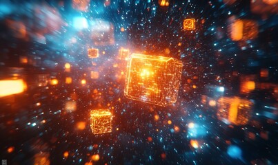 Obraz premium Abstract dynamic cubes in glowing formations, surreal futuristic tone, Generative AI