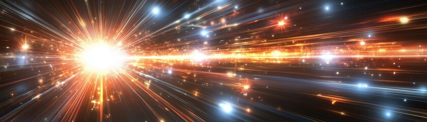 Fototapeta premium Radiant Explosion Abstract Light Streaks, Orange and Blue Hues, Cosmic Concept, Fractal Art Abstract art, digital art