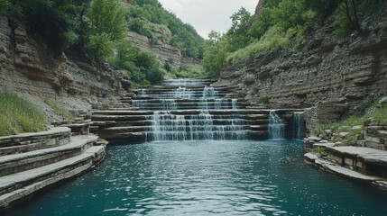 Serene Cascade Stone Steps Waterfall, Lush Greenery, Tranquil Pool, Nature Photography. Waterfall, Landscape