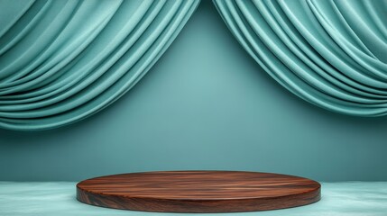 Teal Draped Curtains and Round Wooden Podium Mockup, Product Display, 3D Render Product Mockup, Podium