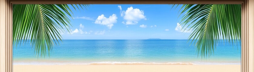 Obraz premium Tropical Beach View from Wooden Frame Palm Leaves, Ocean, Sand, Sky, Composition, Image, Concept