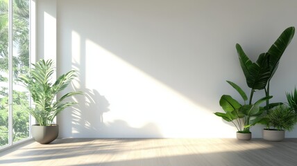 Modern 3D rendering of a spacious white empty room featuring elegant wood laminate flooring.
