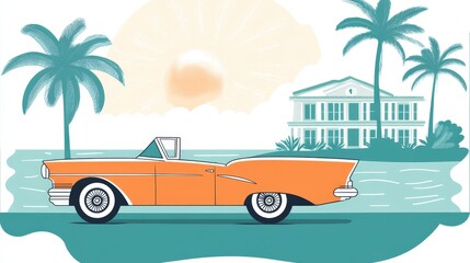 Vintage Convertible Coastal Drive Palm Trees, Ocean House, Sunset Illustration, Vector Art, Retro Car Keywords Summer Vacation, Tropical