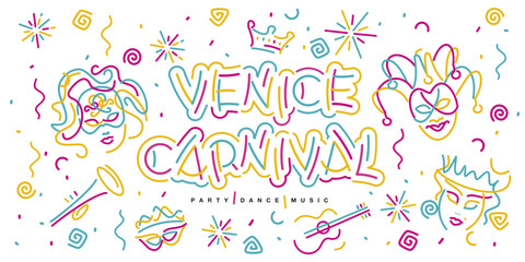 Venice Carnival 2025 new handwriten line design typography with festive elements. Masks guitar fanfare crown tiara ribbons sparkle firework confetti isolated on white background © simbos