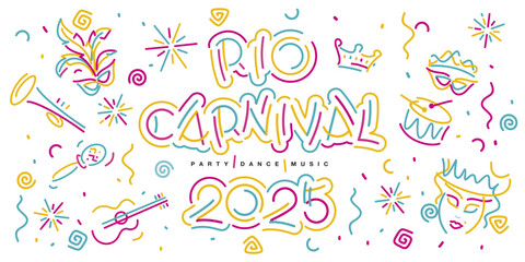 Rio Carnival 2025 new handwriten line design typography party dance music elements. Mask drums rattles guitar fanfare crown tiara flags ribbons sparkle firework confetti on white background