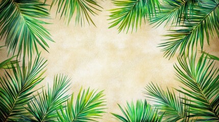 Obraz premium Watercolor Palm Fronds Frame on Beige, Tropical Botanical Illustration, Palm Leaves Border, Beige Background Palm leaves, watercolor painting
