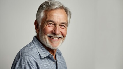 Obraz premium elderly american male in casual wear on white background model portrait smiling for ad concept space for text