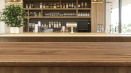 Wooden Tabletop Mockup Blurred Bar Background, Horizontal Composition, Brown Wood Texture Bar, Mockup