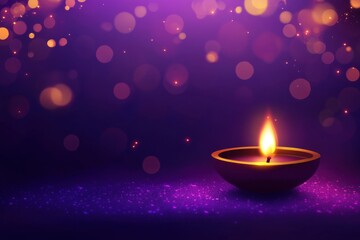 Lit diwali oil lamp glowing amidst purple bokeh lights celebrating festive traditions of hindu culture with customizable text space for personalized messages