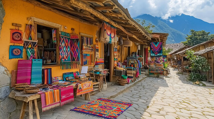 Vibrant Marketplace with Colorful Handcrafted Textiles and Art
