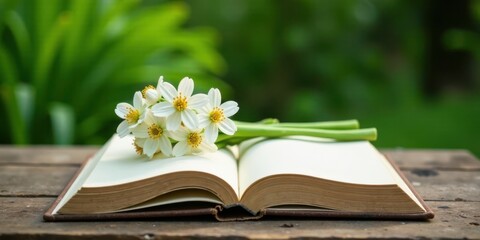 A bouquet of delicate white blossoms rests gently upon the open pages of an antique book, creating a serene and peaceful scene on a rustic wooden surface against a backdrop of lush greenery.