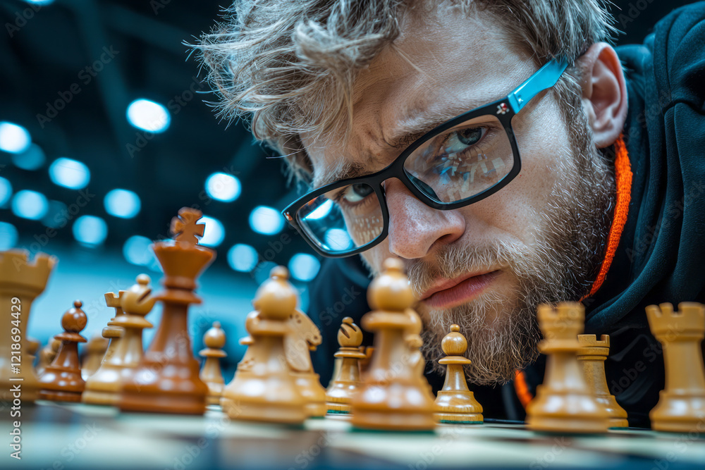 Poster a chess player deep in thought, quickly making a game-changing move, with a focused expression,