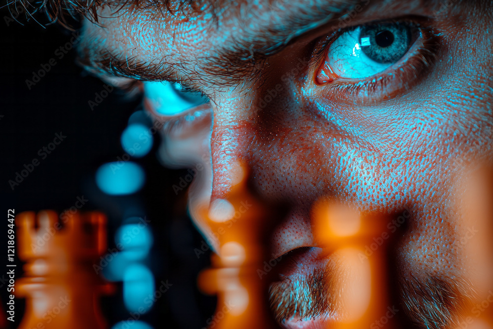 Poster a chess player deep in thought, quickly making a game-changing move, with a focused expression,