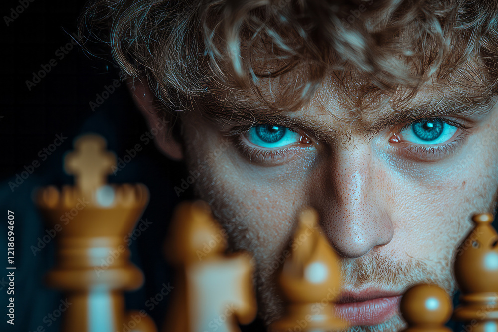 Poster a chess player deep in thought, quickly making a game-changing move, with a focused expression,