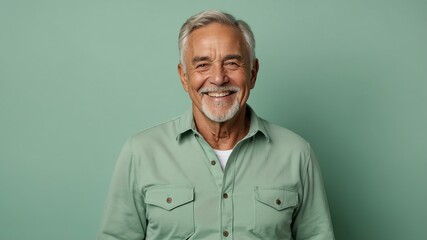 Fototapeta premium elderly american male in casual wear on pastel color background model portrait smiling for ad concept space for text