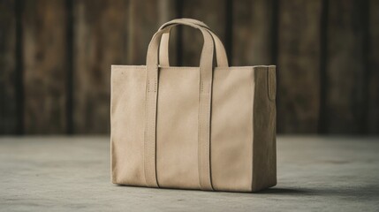 Beige leather tote bag on wooden background.