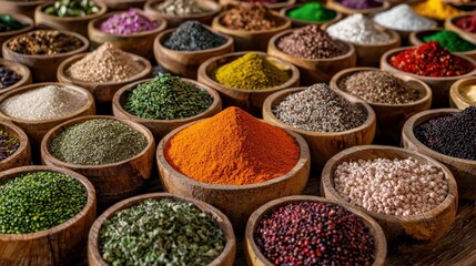 Fototapeta premium Vibrant Collection of Spices in Wooden Bowls Displaying Diverse Textures and Colors on Rustic Wooden Surface