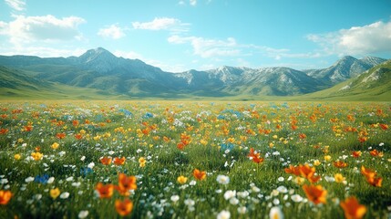 Vibrant Wildflower Meadow in Majestic Mountain Landscape