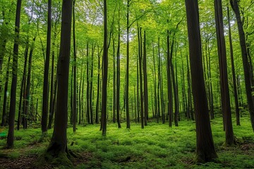 Fototapeta premium Lush green forest landscape with sunlight filtering through trees and vibrant foliage inviting nature lovers and outdoor enthusiasts