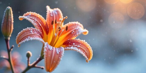 Fototapeta premium A delicate orange lily blossom, dusted with a light snowfall, stands resilient against a soft-focus background, showcasing the beauty of nature's contrast.