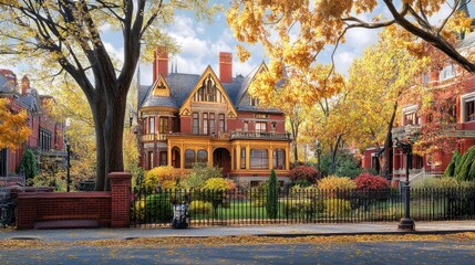 Fototapeta premium Autumnal Victorian Mansion Amongst Golden Trees