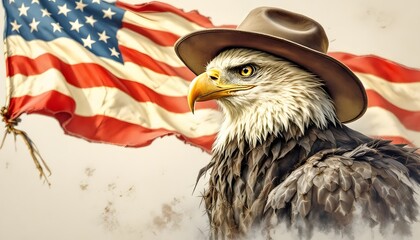Naklejka premium Bald eagle wearing a brown hat in front of a waving American flag with visible stars and stripes
