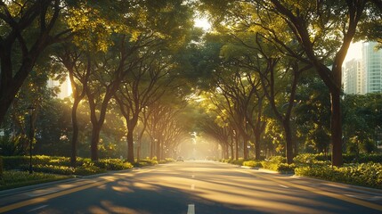 Tranquil Tree-Lined Avenue bathed in Golden Light