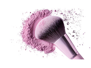A pink makeup brush is shown in a pile of pink powder, transparent background, cut out, PNG 3D Digital Art.	